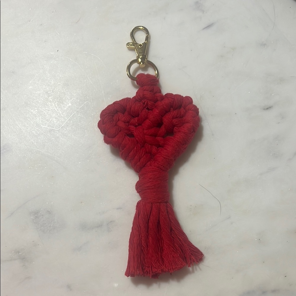 Red Macrame Heart Keychain with Gold Clip
